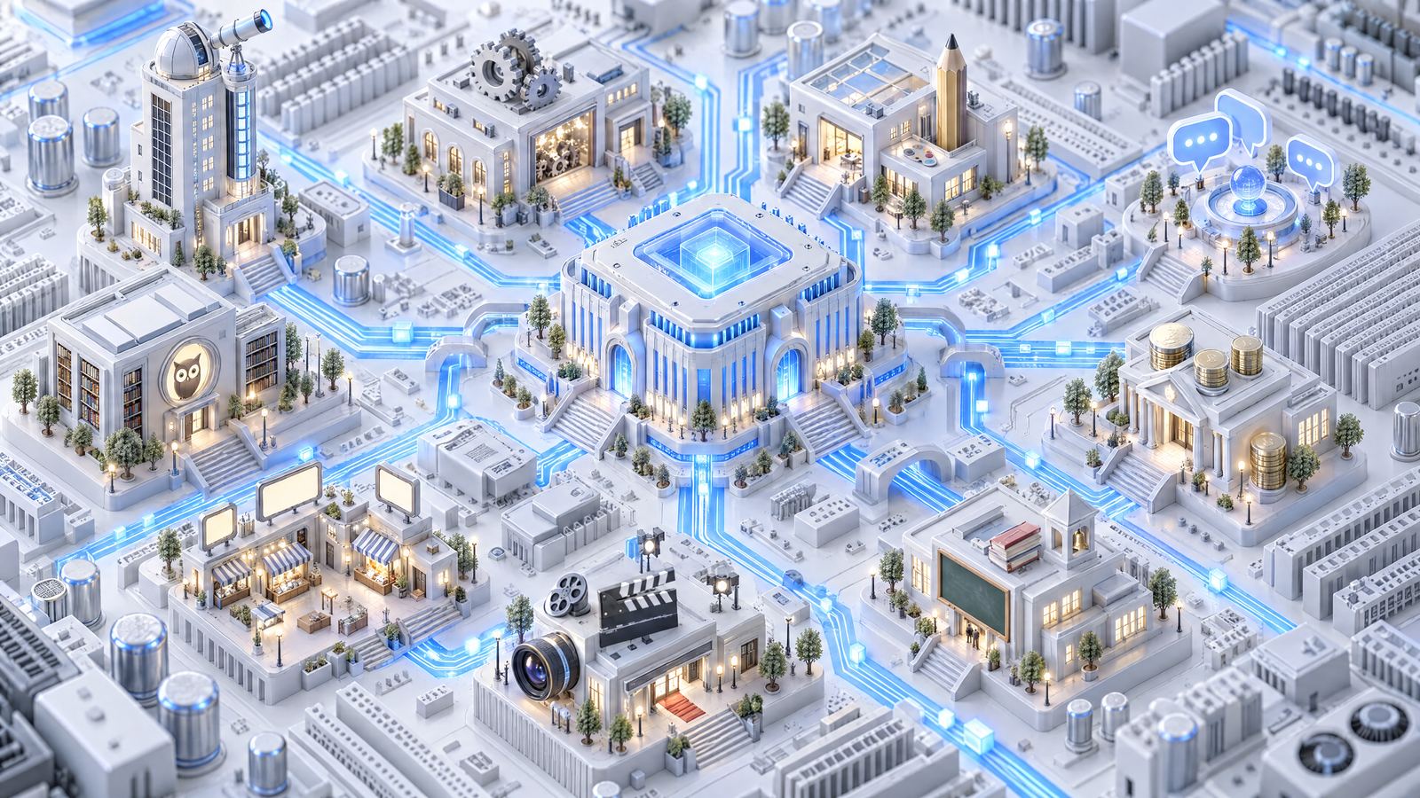 A giant white motherboard turned into a city: Breini’s processor at the centre and around it the sales tower, the code workshop, the design studio, the social plaza, the library, the bank, the market, the film studio and the school, joined by circuits of blue light.